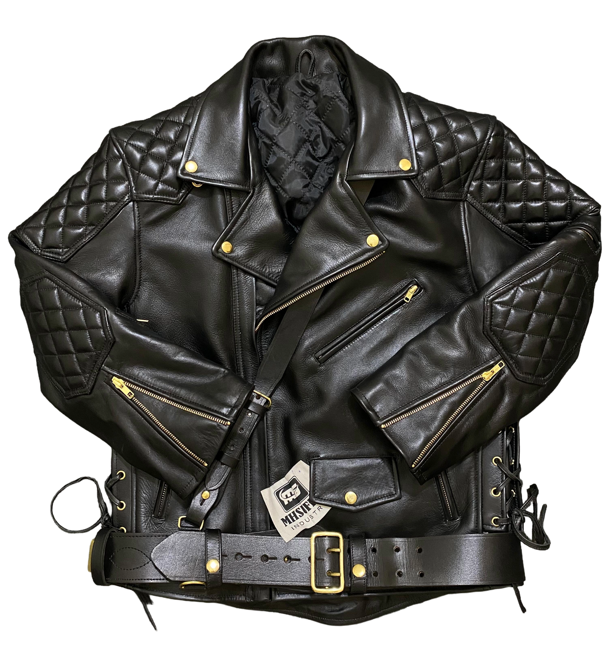 Men’s Black Cowhide Leather Biker Jacket | Quilted Diamond Biker Jacket with Belt
