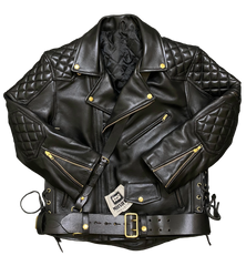 Men’s Black Cowhide Leather Biker Jacket | Quilted Diamond Biker Jacket with Belt