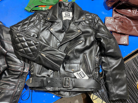 Men’s Black Cowhide Leather Biker Jacket | Quilted Diamond Biker Jacket with Belt