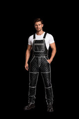 Men's Black Quilted Cowhide Leather Dungaree Overalls with White Piping
