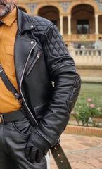 Leather Fashion Jacket | Leather Uniform Jacket | Men’s Black Cowhide Leather Biker Jacket | Quilted Diamond Biker Jacket with Belt