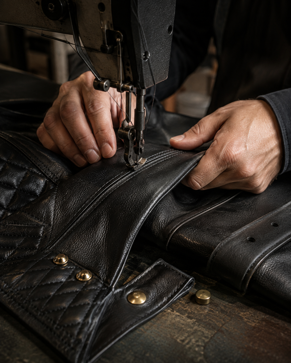 Artisan stitching leather with an industrial sewing machine
