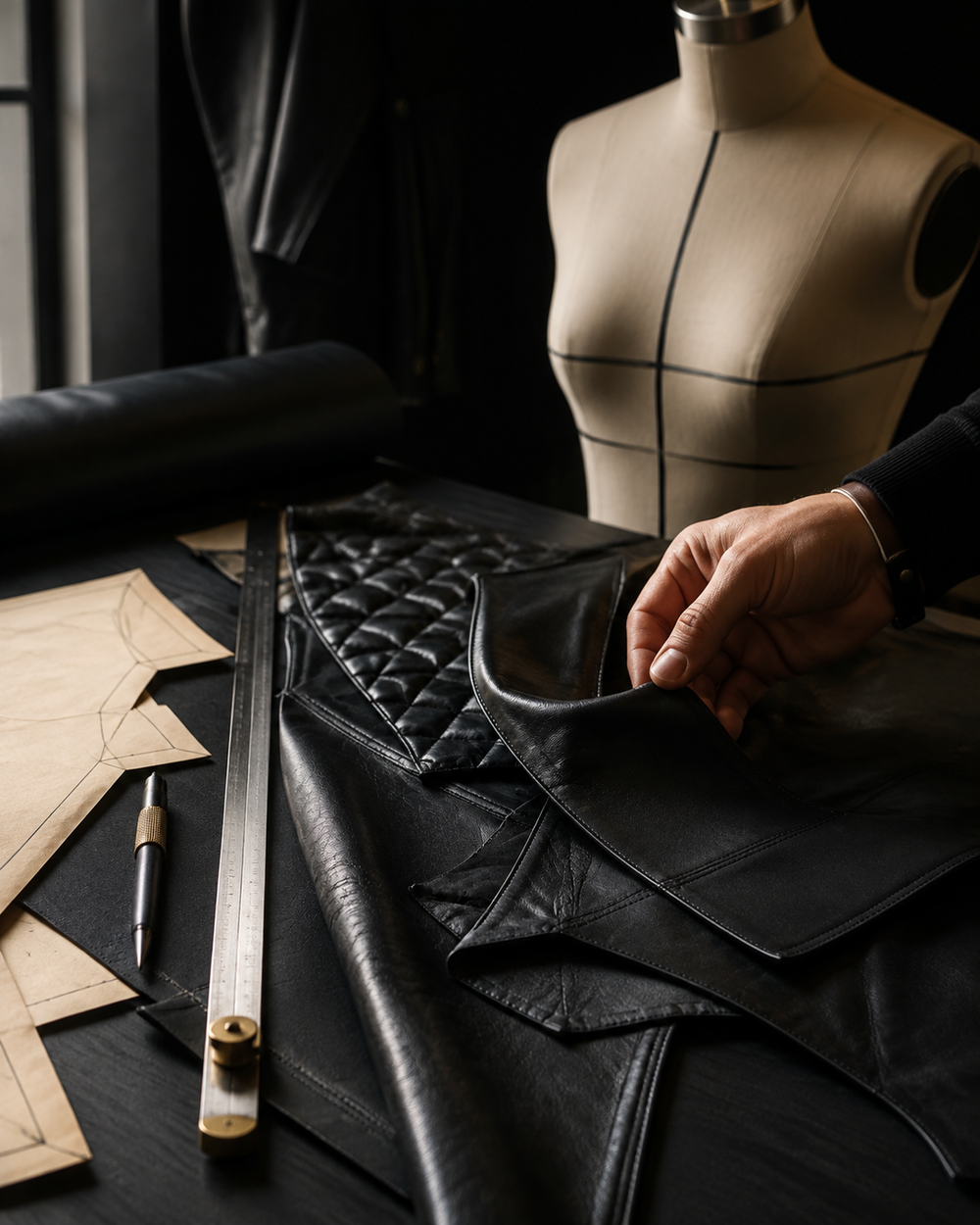 Leather jacket pattern and precision finishing in the atelier