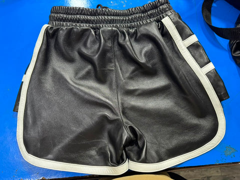 Boxer Leather Short | Premium Black & White Genuine Lamb Leather Shorts | Track Style Leather Shorts