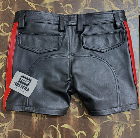 Jeans style leather short | Premium Black & Red Genuine Cowhide Leather Shorts | Biker / Fetish / Club Shorts