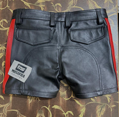 Jeans style leather short | Premium Black & Red Genuine Cowhide Leather Shorts | Biker / Fetish / Club Shorts