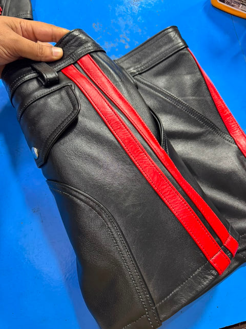 Jeans style leather short | Premium Black & Red Genuine Cowhide Leather Shorts | Biker / Fetish / Club Shorts