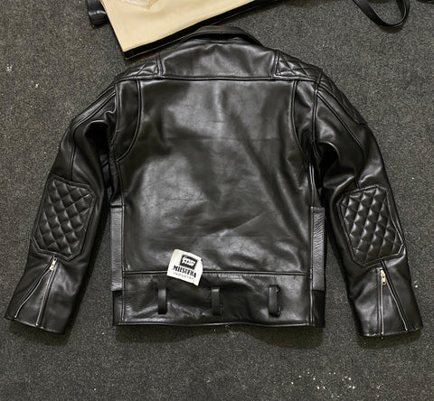 Leather Fashion Jacket | Leather Uniform Jacket | Men’s Black Cowhide Leather Biker Jacket | Quilted Diamond Biker Jacket with Belt
