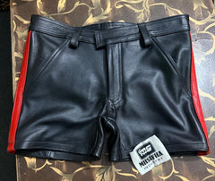 Jeans style leather short | Premium Black & Red Genuine Cowhide Leather Shorts | Biker / Fetish / Club Shorts