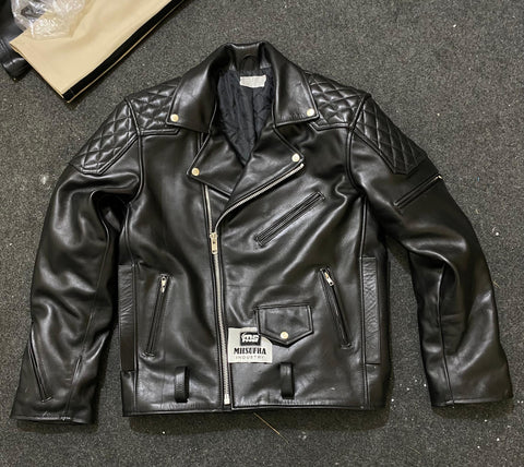 Leather Fashion Jacket | Leather Uniform Jacket | Men’s Black Cowhide Leather Biker Jacket | Quilted Diamond Biker Jacket with Belt