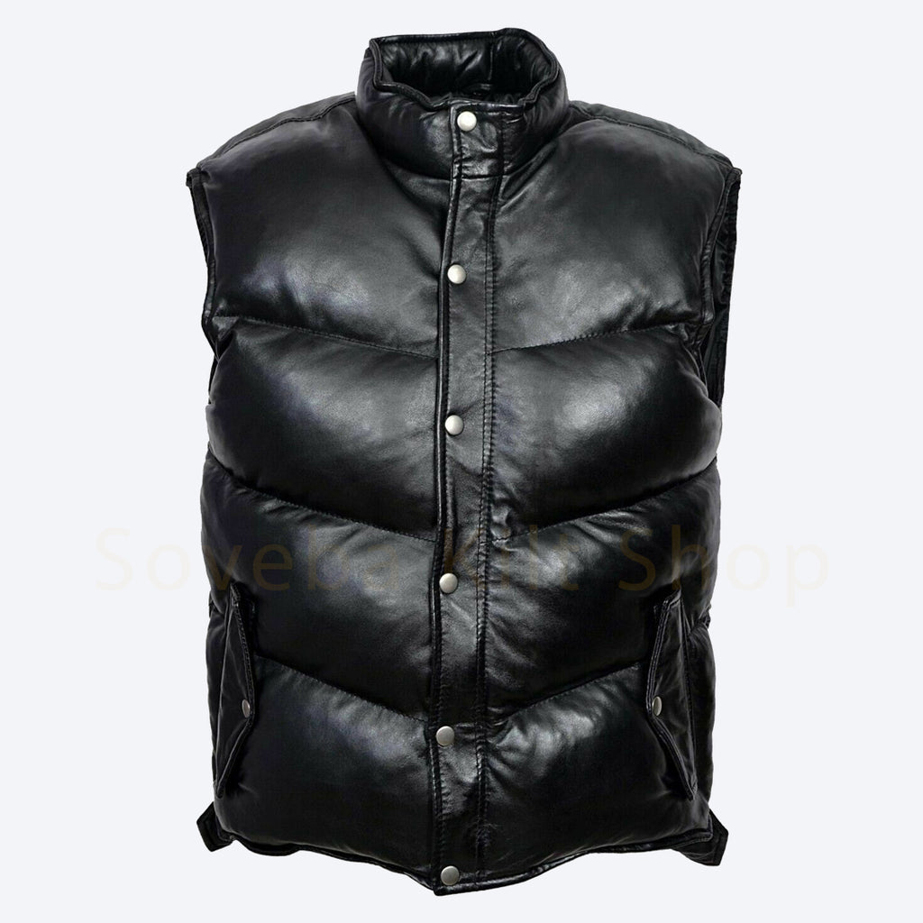 Black Leather Puffer Vest – Leather Waistcoat – Leather Topshop