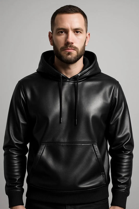 Men's Genuine Cowhide Leather Hoodie | Leather Pullover Hoodie for Men | Men's Classic Black Cowhide Leather Hoodie