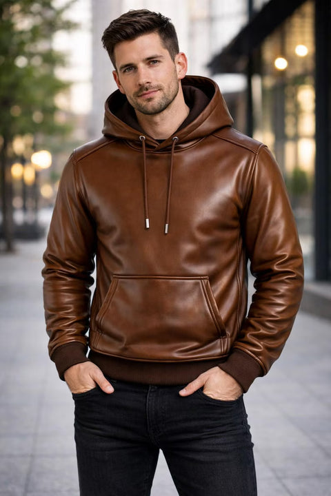 Men leather hoodie | Genuine leather hoodie