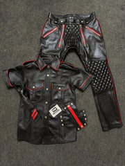 Black leather uniform set with red piping - shirt, trousers, tie and gauntlets laid flat