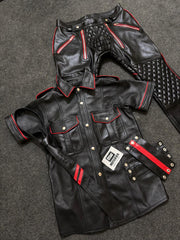 Black leather uniform shirt and quilted trousers with red piping