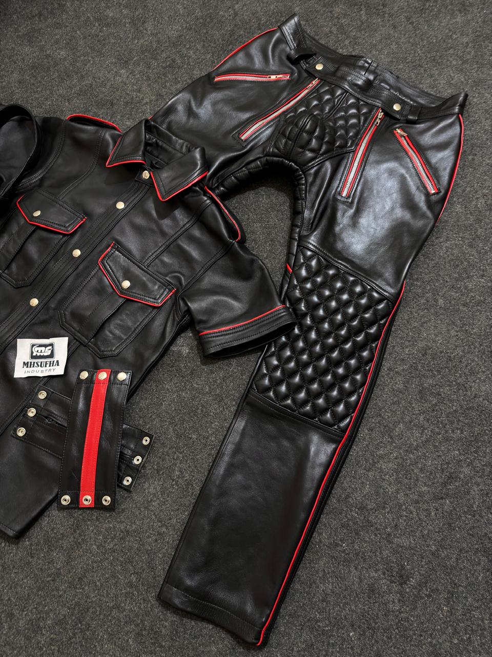 Quilted knee panels and red-piped zip pockets on black leather uniform trousers