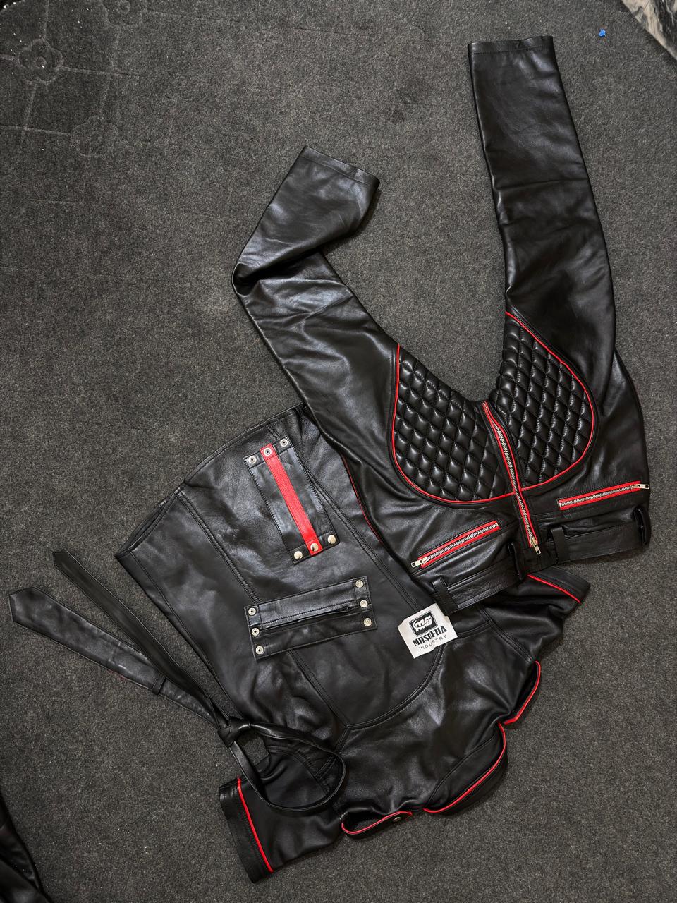 Black leather uniform shirt with red piping and matching leather tie