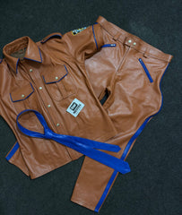 Tan leather uniform shirt with blue piping and matching blue leather tie