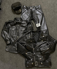 Black leather bundle - quilted jacket, uniform shirt, trousers, peaked cap and tie laid flat
