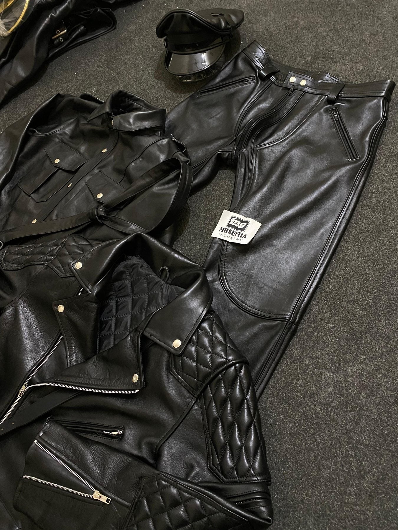 Black leather uniform shirt with stud placket and flap chest pockets