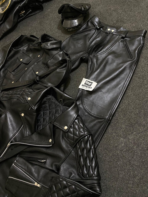 Black leather uniform shirt with stud placket and flap chest pockets