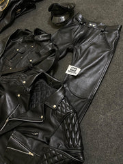 Black leather uniform shirt with stud placket and flap chest pockets