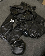 Quilted black leather jacket with zip front shown with the uniform pieces