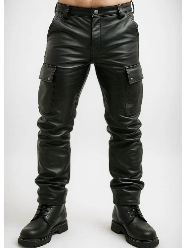 Men’s Black Leather Cargo Pants | Leather Fetish Pants | Cowhide Leather Pants