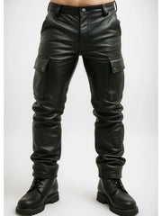 Men’s Black Leather Cargo Pants | Leather Fetish Pants | Cowhide Leather Pants