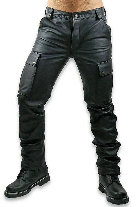 Men’s Black Leather Cargo Pants | Leather Fetish Pants | Cowhide Leather Pants