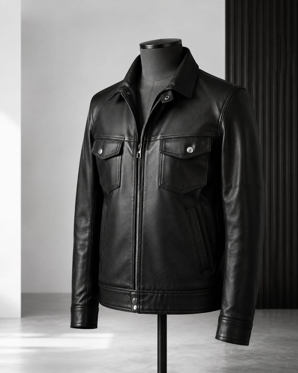 Black leather jacket shown on a studio mannequin