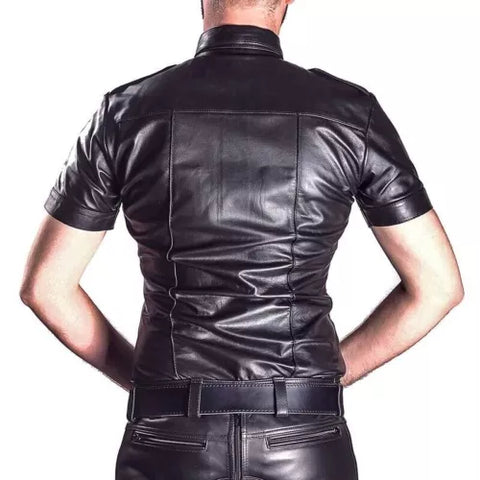 Men’s Black Genuine Cowhide Leather Shirt | Short Sleeve Leather Dress Shirt |Police shirt