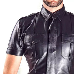 Men’s Black Genuine Cowhide Leather Shirt | Short Sleeve Leather Dress Shirt |Police shirt