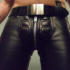 Men’s Black Genuine Cowhide Leather Biker Motorcycle Pants