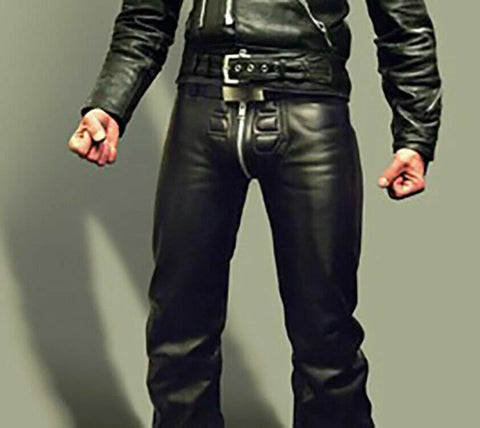 Men’s Black Genuine Cowhide Leather Biker Motorcycle Pants