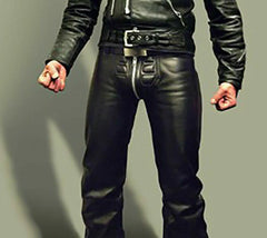 Men’s Black Genuine Cowhide Leather Biker Motorcycle Pants