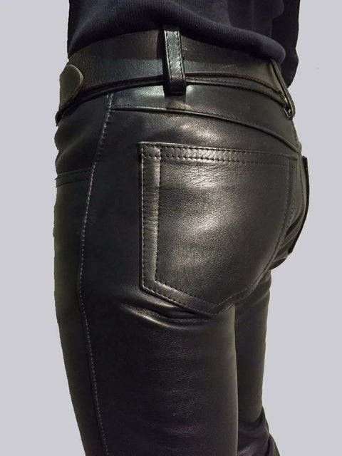 Men’s Black Genuine Cowhide Leather Biker Motorcycle Pants