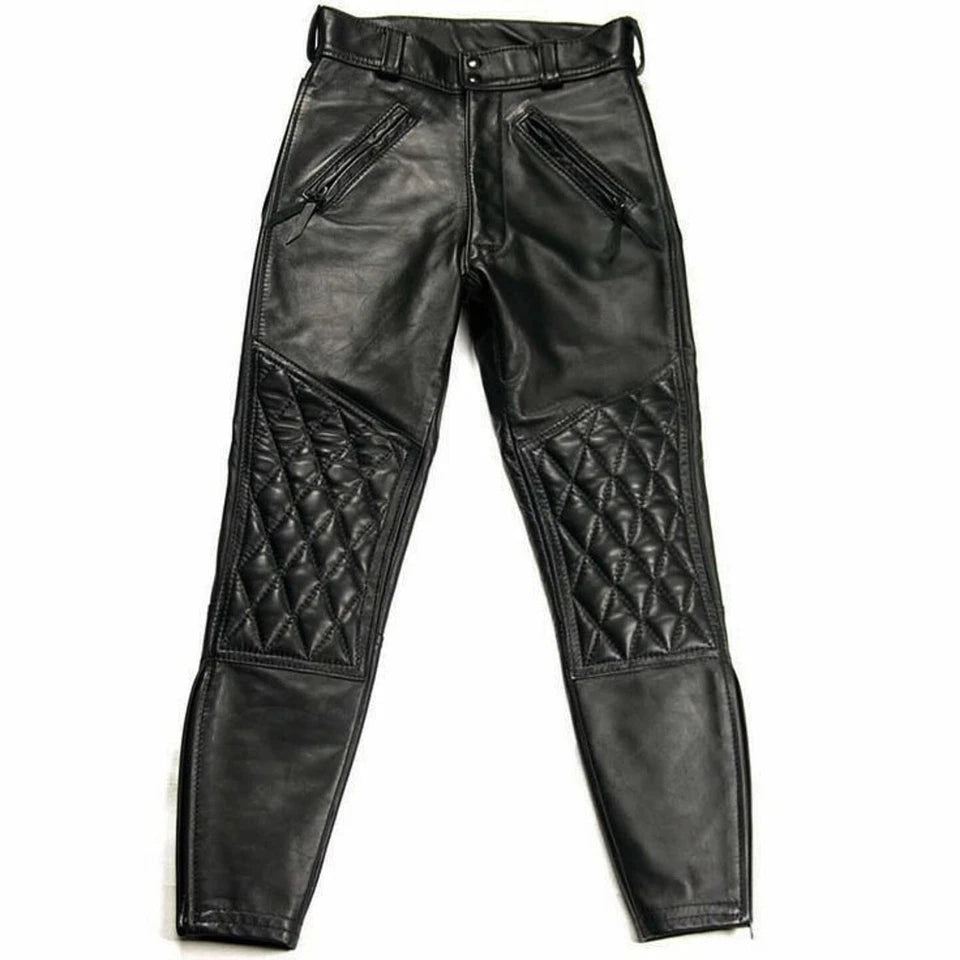 Men's Black Genuine Cowhide Leather Quilted Biker Pants