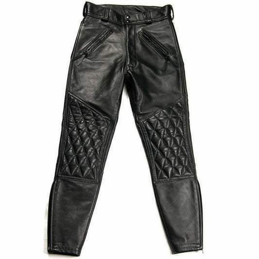 Men's Black Genuine Cowhide Leather Quilted Biker Pants