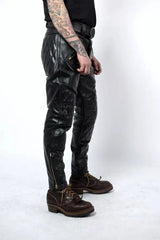 Men's Black Genuine Cowhide Leather Quilted Biker Pants
