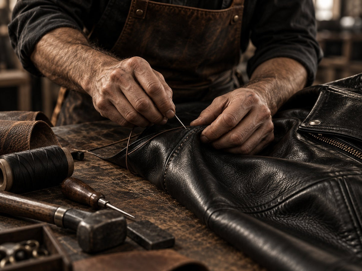 Leather artisan hand-stitching a panel at the workbench
