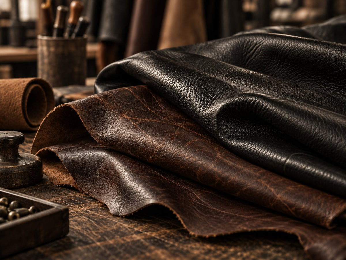 Full-grain leather hides laid out on the cutting bench