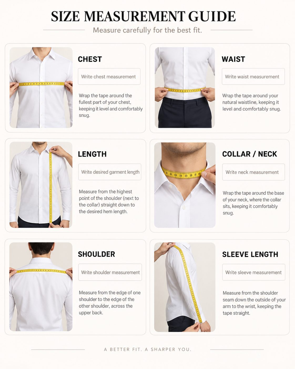 Diagram showing where to measure chest, waist, length, collar, shoulder and sleeve.
